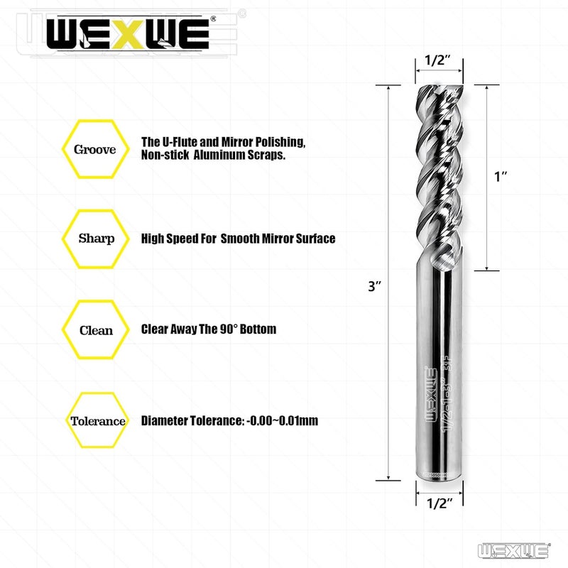 WEXWE Store Tools High Finishing Carbide End Mill for Aluminum or Copper Cutting, U-Type Design Square Milling Cutter, 3 Flute Mill Bits Sets 1/2 Shank (1/2-3" 1PCS) - Image 2